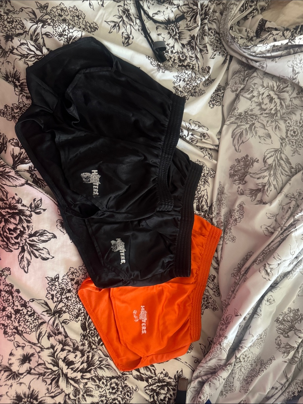 3 Hooters Ladies Athletic Shorts in Black and Bright Orange